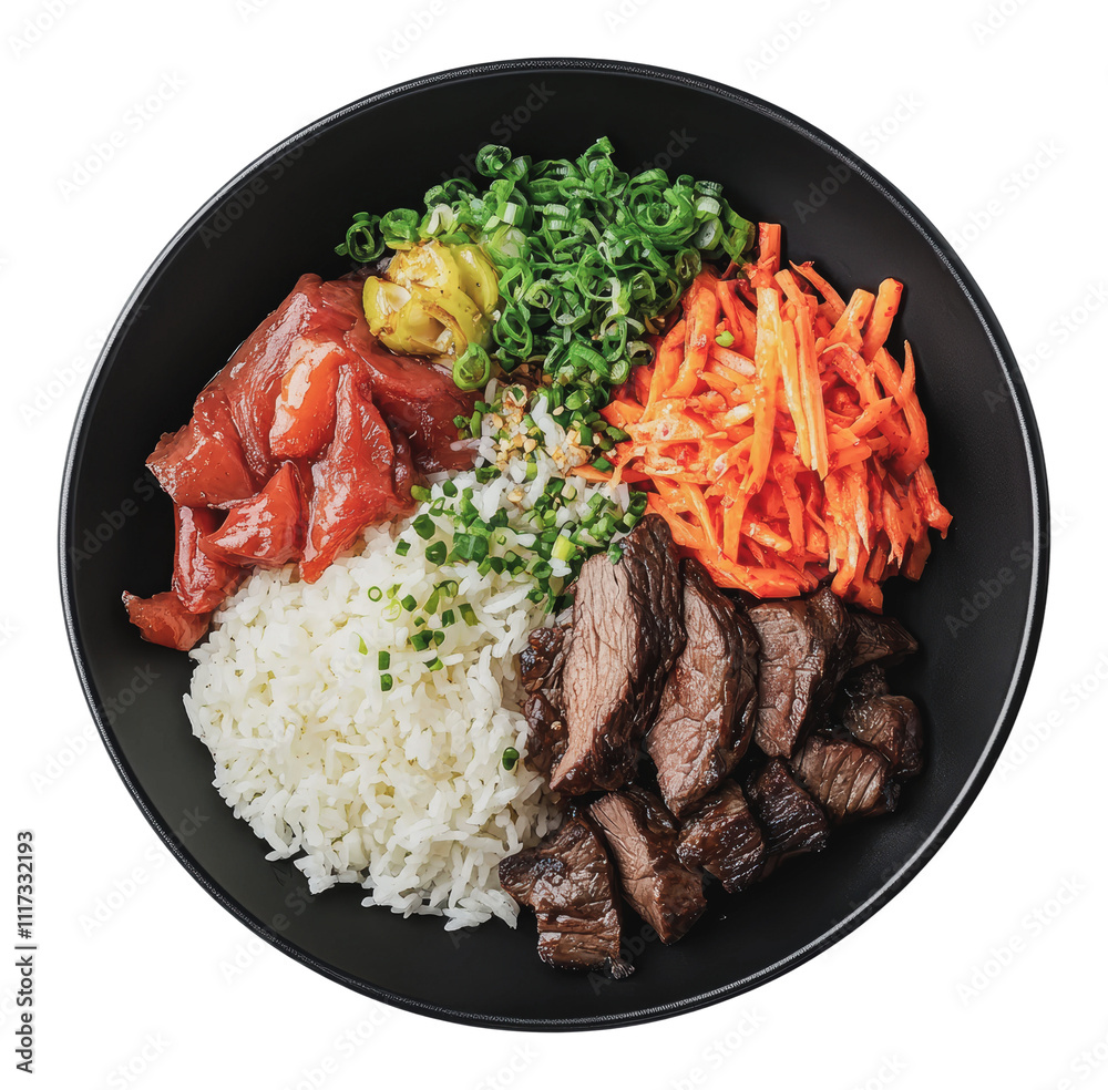 Delicious bowl of rice with beef and vegetables, cut out - stock png. Delicious bowl of rice with beef and vegetables, cut out - stock png.