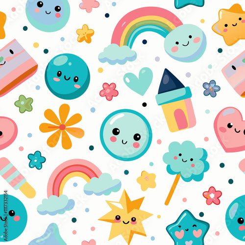 Cute kawaii seamless pattern with rainbows, stars, hearts, and candy.