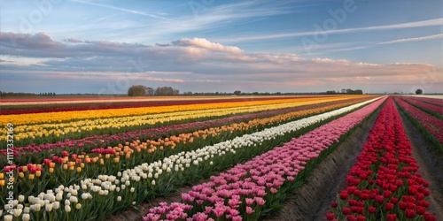 Vibrant Tulip Fields Stretching Across a Sunlit Countryside