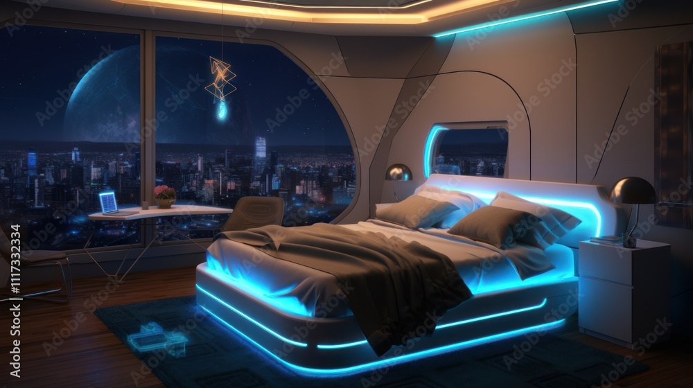 Futuristic Cityscape Bedroom With Illuminated Bed Futuristic Cityscape Bedroom With Illuminated Bed