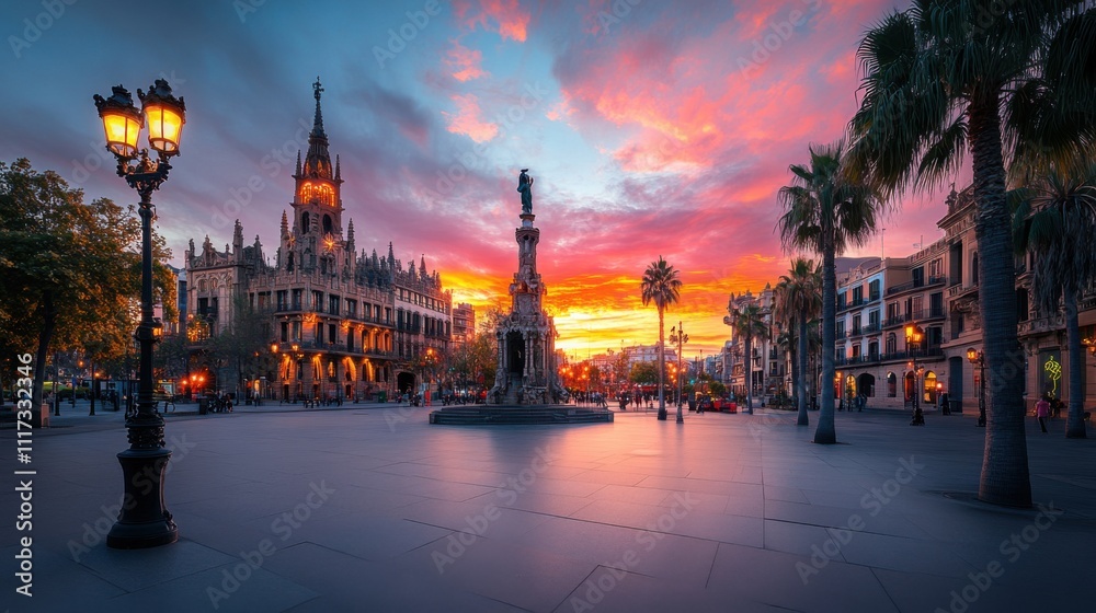 Naklejka premium Vibrant Sunset Over Historical Square with Architectural Wonders and Palm Trees in Urban Setting