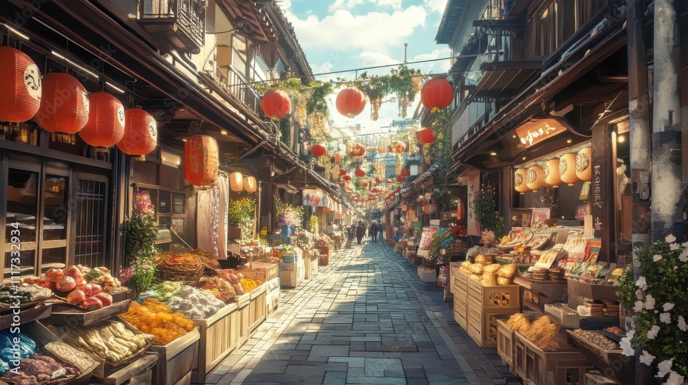 Cultural street market filled with traditional goods and foods