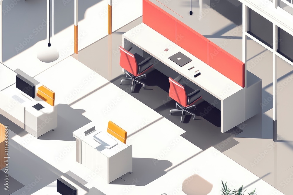 A modern office layout featuring desks, chairs, and workstations in a bright environment. A modern office layout featuring desks, chairs, and workstations in a bright environment.