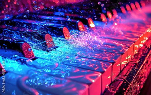 Colorful water splashes on piano keys create a vibrant musical atmosphere at a live performance in a dimly lit venue photo