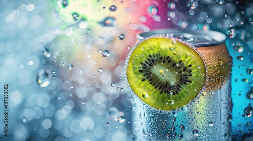 Soda can, cocktail, cooling drink with vitamins and fruits, splashes, ice and bright colors, mockup