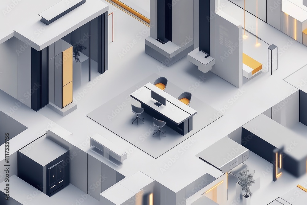 A minimalist, isometric design of a modern interior space with furniture and decor. A minimalist, isometric design of a modern interior space with furniture and decor.