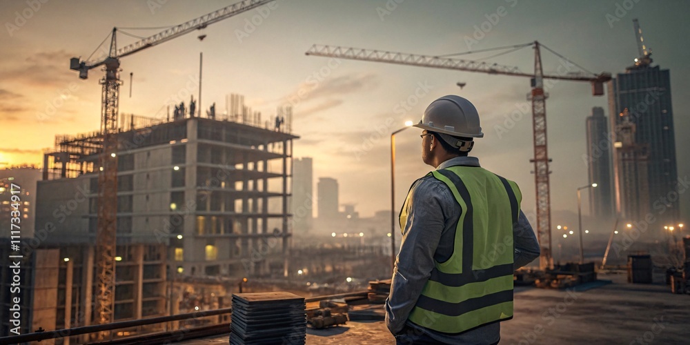 Construction Worker at Sunset with Cranes and Urban Progress Scene V4 Construction Worker at Sunset with Cranes and Urban Progress Scene V4