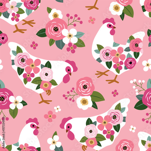 Seamless vector pattern with floral hen and summer flowers. Hand drawn floral background with white chickens. Perfect for textile, wallpaper or nursery print design. EPS10 vector file.
