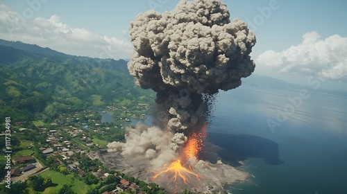 shot of a volcanic eruption from space, showing the scale and impact of the event. Volcanic eruption 