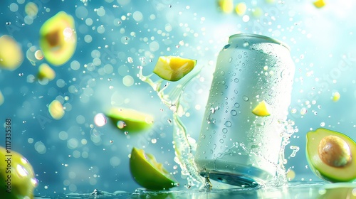 Soda can, cocktail, cooling drink with vitamins and fruits, splashes, ice and bright colors, mockup