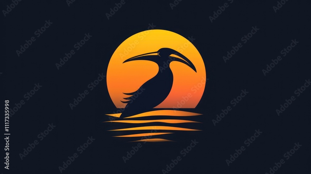A stylized silhouette of a bird against a vibrant sunset over water. A stylized silhouette of a bird against a vibrant sunset over water.