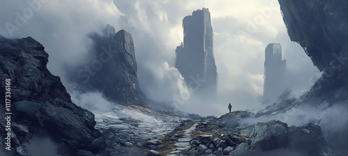 Hiker making their way up a rocky path surrounded by towering cliffs and boulders The trail weaves through the rugged landscape leading toward a distant cloudcovered summit photo