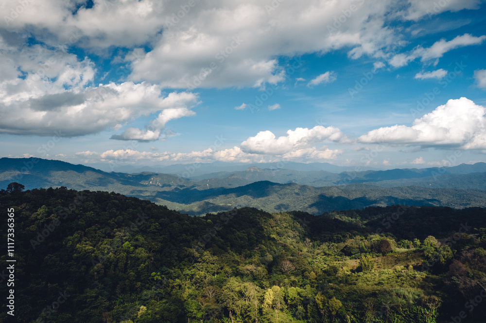 Landscape of forest and green mountains and clear sky in tropical winter. Landscape of forest and green mountains and clear sky in tropical winter.