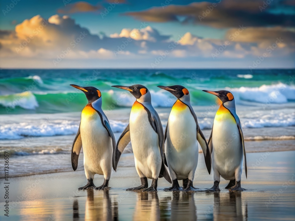 Obraz premium Serene Minimalist Scene of King Penguins at Volunteer Point on the Falkland Islands Emphasizing Natural Beauty and Unique Wildlife in a Tranquil Coastal Landscape