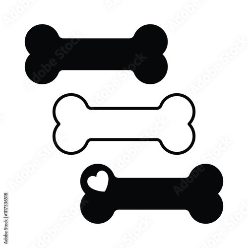 Dog bone icons, dog bone vector illustrations, bone with heart symbol