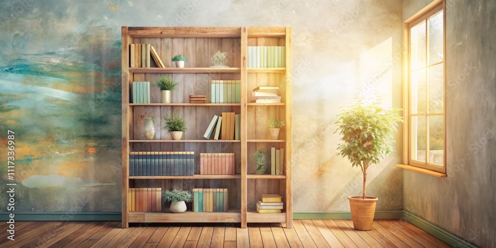 Soft Pastel Colors in Architectural Photography: A Tall Wooden Bookshelf Adorned with Watercolor Decorations for a Serene and Artistic Home Environment