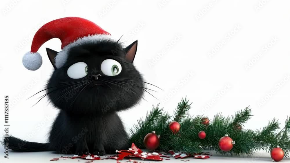 A black cat with a Santa hat sits defiantly amidst festive decorations. The white background highlights its playful yet grumpy demeanor, creating a charming holiday atmosphere.