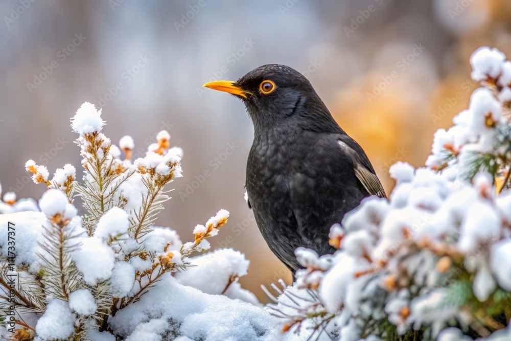 Stunning Eurasian Blackbird perched on a snow-covered bush during winter, showcasing its vibrant plumage against a serene white backdrop, perfect for nature and wildlife photography enthusiasts.