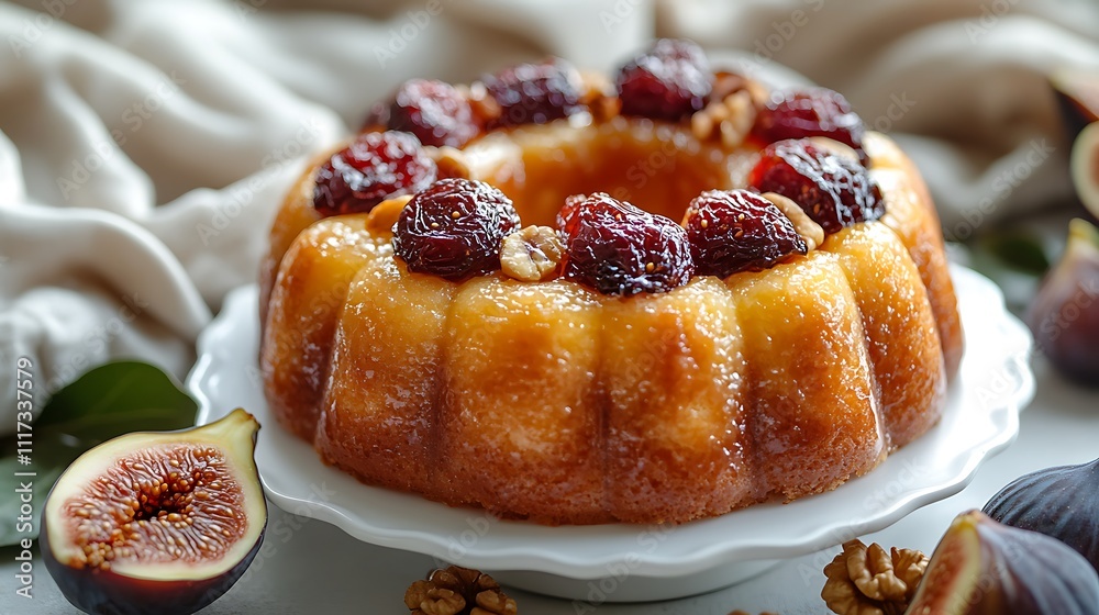 A close-up of a bolo rei (Portuguese King Cake) with vibrant candied fruit, placed on a white porcelain tray, surrounded by a ring of fresh figs and dried nuts, A close-up of a bolo rei (Portuguese King Cake) with vibrant candied fruit, placed on a white porcelain tray, surrounded by a ring of fresh figs and dried nuts,