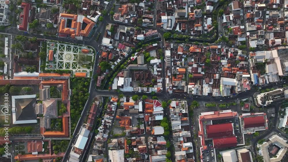 Historical complex in Surakarta, Java, Indonesia. Aerial top down of old town and housing area. Historical complex in Surakarta, Java, Indonesia. Aerial top down of old town and housing area.