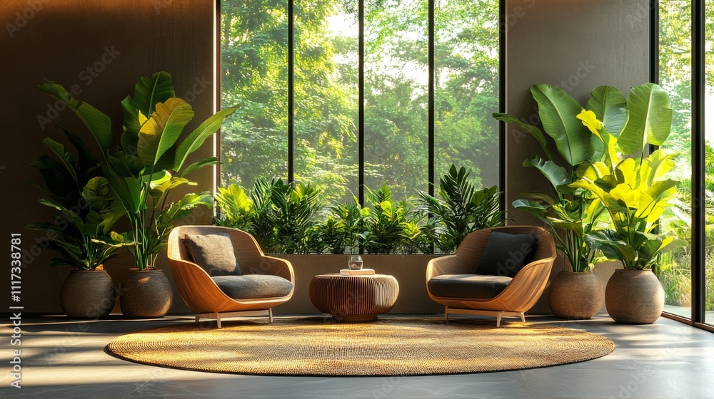 A serene interior features two stylish chairs and a round coffee table surrounded by vibrant plants, showcasing modern design in a sun-filled space. A serene interior features two stylish chairs and a round coffee table surrounded by vibrant plants, showcasing modern design in a sun-filled space.