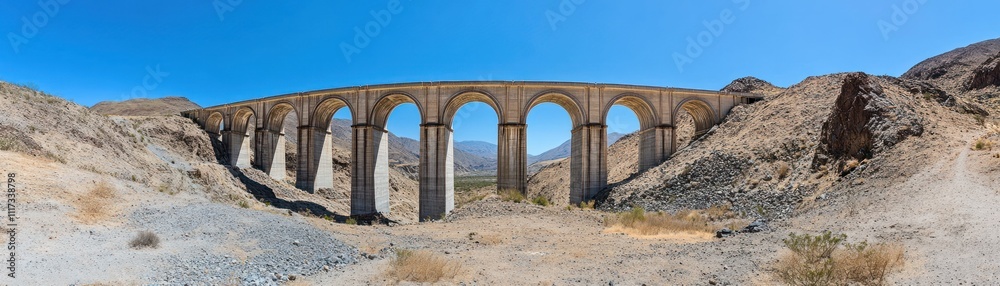 A panoramic view of a stone viaduct spanning a dry landscape under a clear blue sky. A panoramic view of a stone viaduct spanning a dry landscape under a clear blue sky.