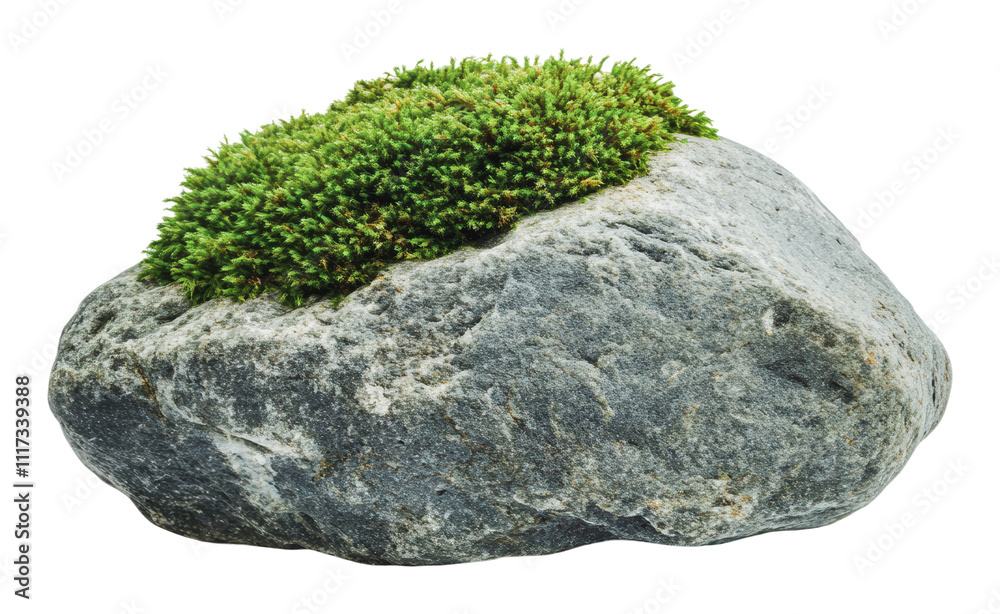Natural rock adorned with vibrant green moss, cut out - stock png. Natural rock adorned with vibrant green moss, cut out - stock png.