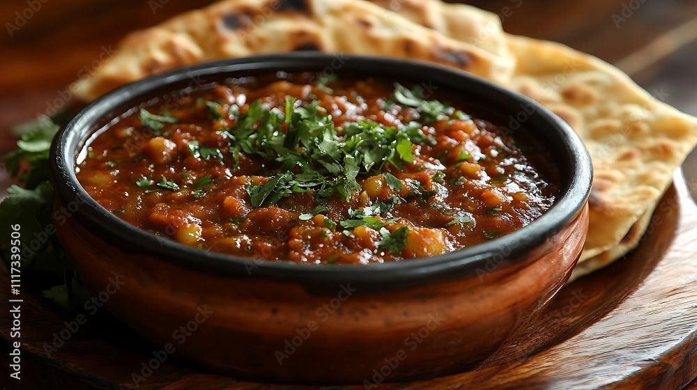 A close-up of doro wat served in a traditional clay bowl, its deep red sauce glistening under soft light, accompanied by injera folded in a circular pattern on a wooden platter, A close-up of doro wat served in a traditional clay bowl, its deep red sauce glistening under soft light, accompanied by injera folded in a circular pattern on a wooden platter,