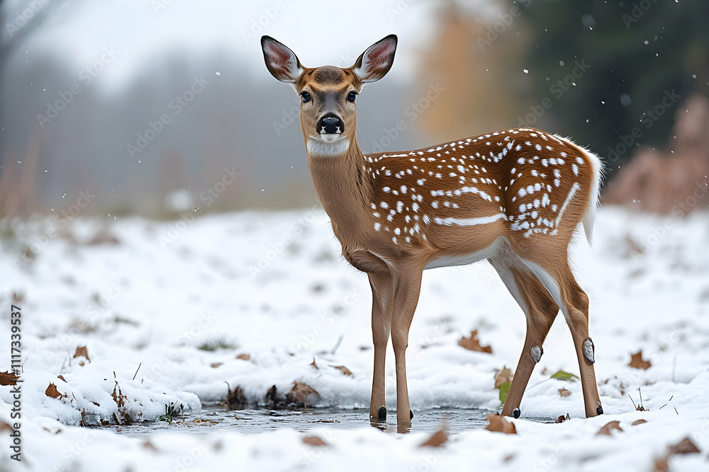 White-tailed deer fawn standing in snowy stream. White-tailed deer fawn standing in snowy stream.
