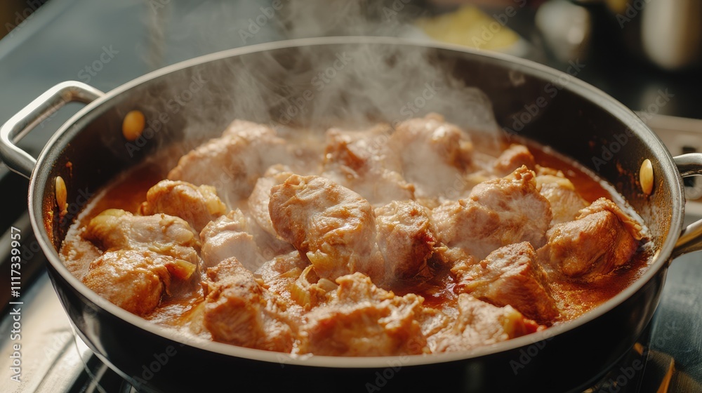Delicious Chicken Cooking in a Sizzling Pan with Steaming Sauce Delicious Chicken Cooking in a Sizzling Pan with Steaming Sauce