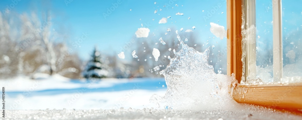 Snow splashes near an open window in a winter landscape. Snow splashes near an open window in a winter landscape.