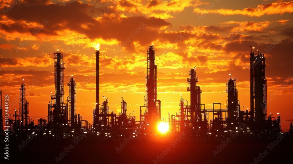 Nighttime Refinery with Illuminated Machinery and Sky Nighttime Refinery with Illuminated Machinery and Sky