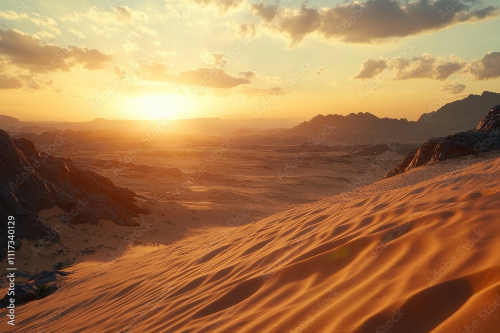 A breathtaking desert landscape at sunset, showcasing dunes and distant mountains. A breathtaking desert landscape at sunset, showcasing dunes and distant mountains.