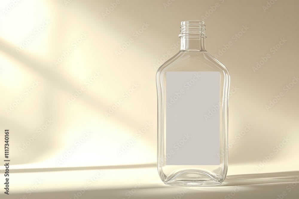 A clear, empty bottle stands against a soft background, suggesting potential use or branding. A clear, empty bottle stands against a soft background, suggesting potential use or branding.