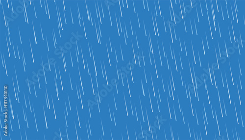Rain drops on sky vector illustration. falling water drops. nature rainfall. cartoon raining isolated on blue background. slanting rain in wind