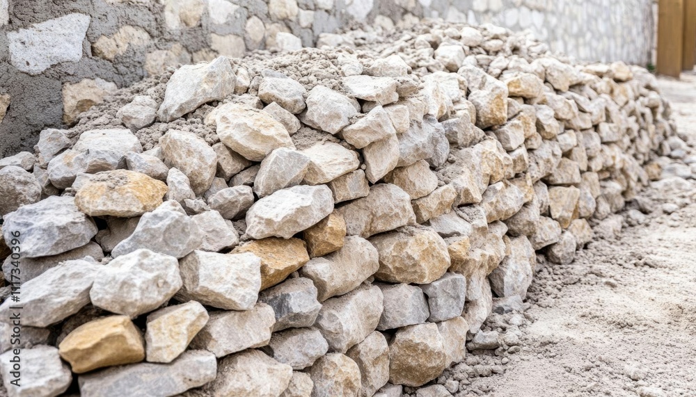 A stacked arrangement of stones forming a low wall or barrier. A stacked arrangement of stones forming a low wall or barrier.