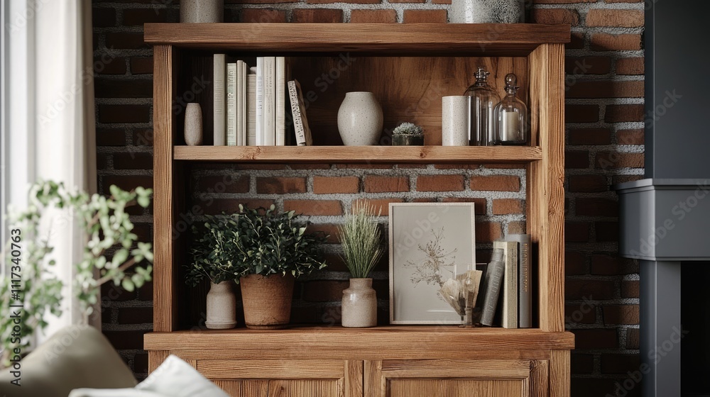 Rustic wooden shelf filled with plants and decorative items indoors Rustic wooden shelf filled with plants and decorative items indoors