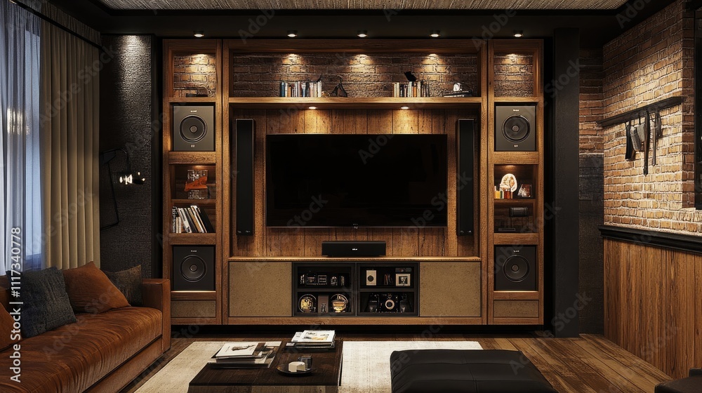 Fototapeta premium Modern Living Room with Entertainment Unit and Cozy Ambiance