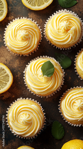 delicious lemon cupcakes on table top view on wooden table