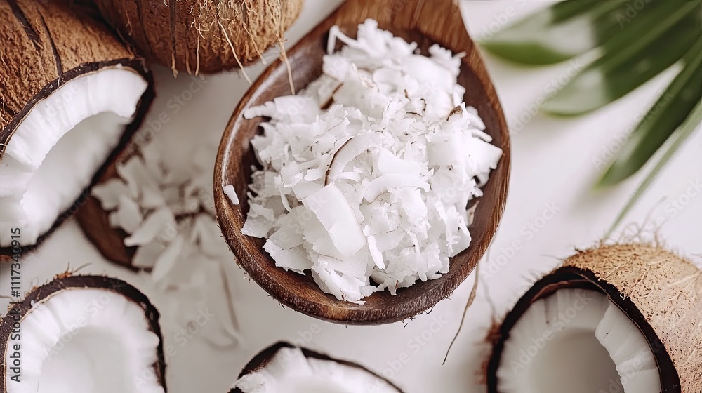 Fresh Coconut Flakes in Wooden Spoon Surrounded by Coconut Shells Fresh Coconut Flakes in Wooden Spoon Surrounded by Coconut Shells