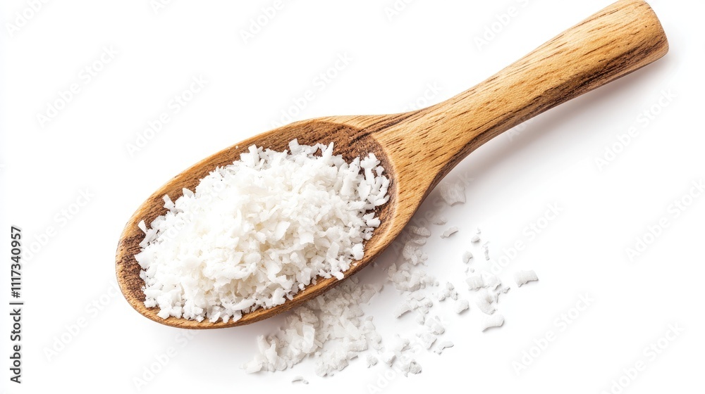 Raw Sea Salt in a Wooden Spoon on White Background Raw Sea Salt in a Wooden Spoon on White Background