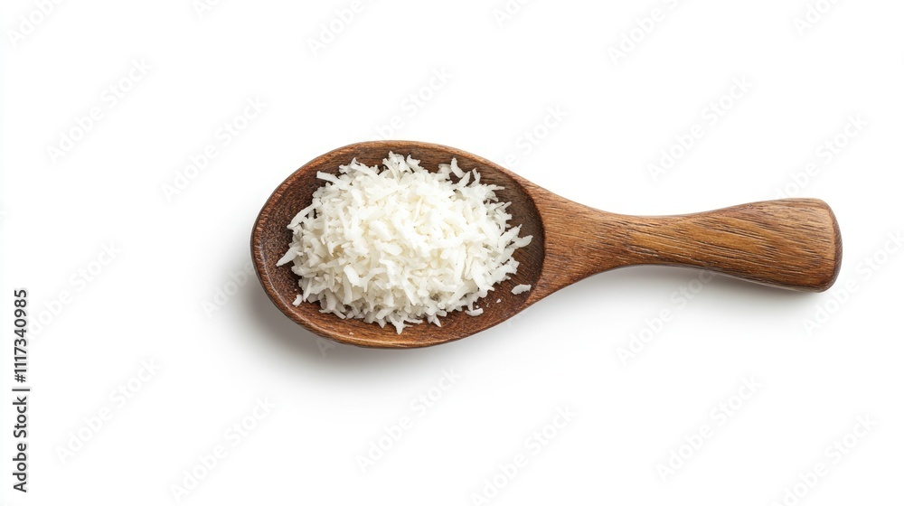 Fresh Grated Coconut on Wooden Spoon Isolated on White Background Fresh Grated Coconut on Wooden Spoon Isolated on White Background