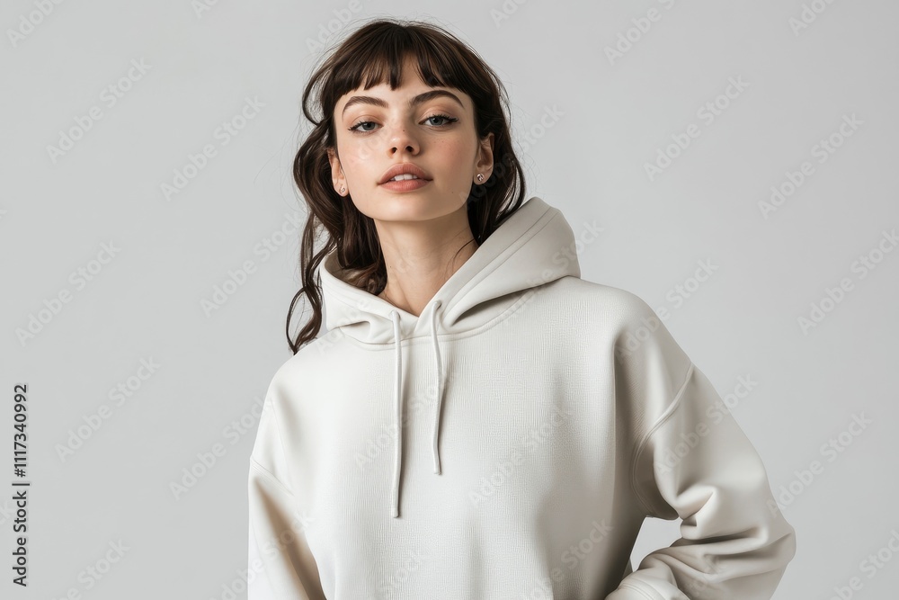 A young woman poses in a stylish, oversized white hoodie against a neutral background. A young woman poses in a stylish, oversized white hoodie against a neutral background.