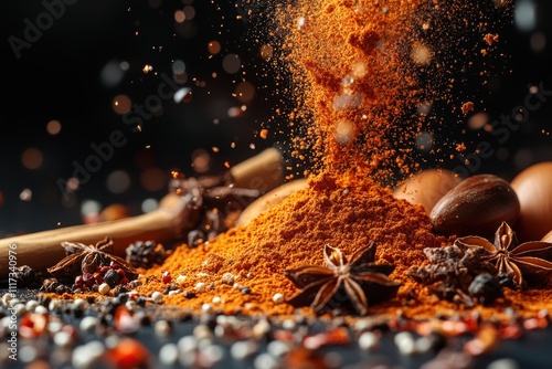 Fototapeta Naklejka Na Ścianę i Meble -  Dynamic explosion of spices with flying ingredients in vivid detail