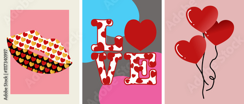 This image shows a triptych of colorful Valentine-themed designs: lips filled with heart patterns, the word "LOVE" with heart motifs, and red heart-shaped balloons on pastel backgrounds.