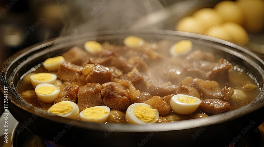 Savory Stew with Tender Meat and Boiled Eggs in a Hot Pot Savory Stew with Tender Meat and Boiled Eggs in a Hot Pot