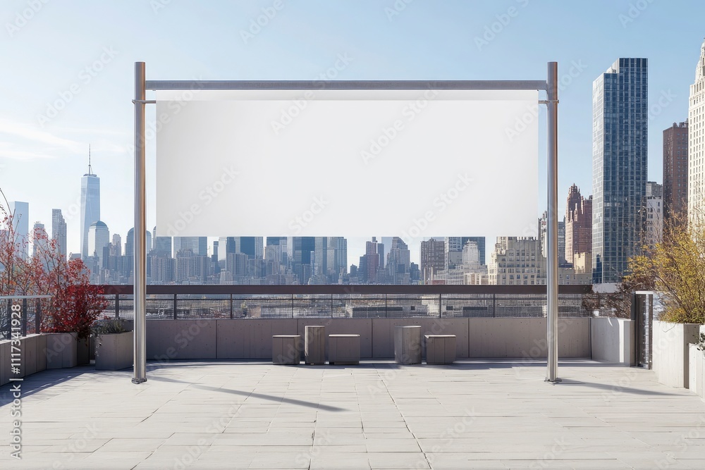 Obraz premium A blank outdoor screen with a city skyline backdrop, designed for presentations or events.