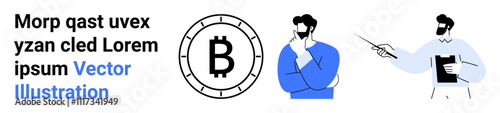 Bitcoin symbol with two professionals in blue attire, one pondering and one presenting. Ideal for cryptocurrency, business analysis, financial advice, brainstorming, investment strategies