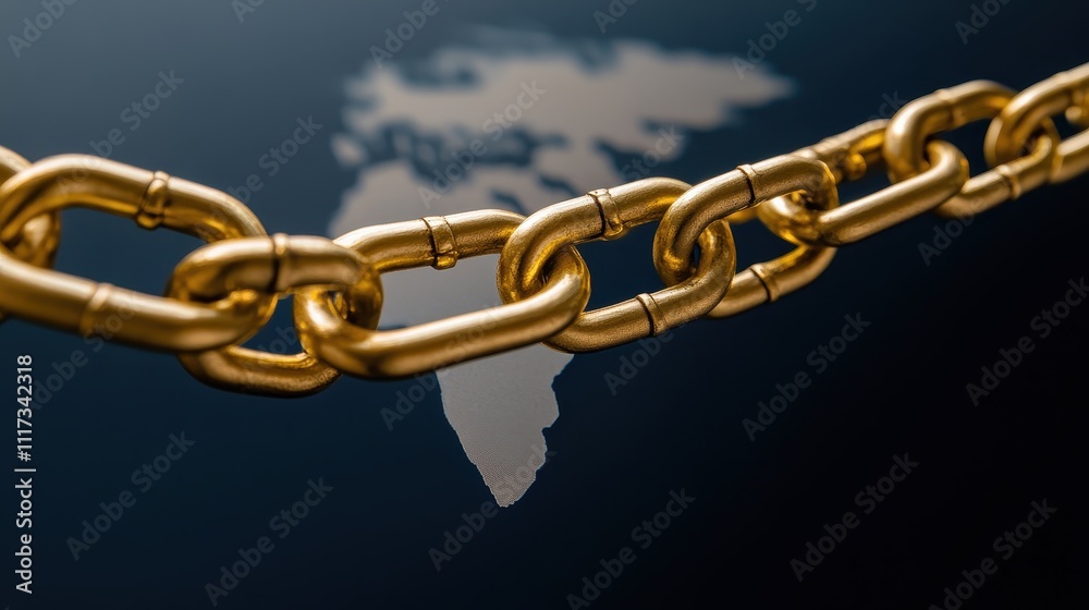 Obraz premium Connecting nations golden chain symbolizing global unity digital realm graphic design modern perspective conceptual art