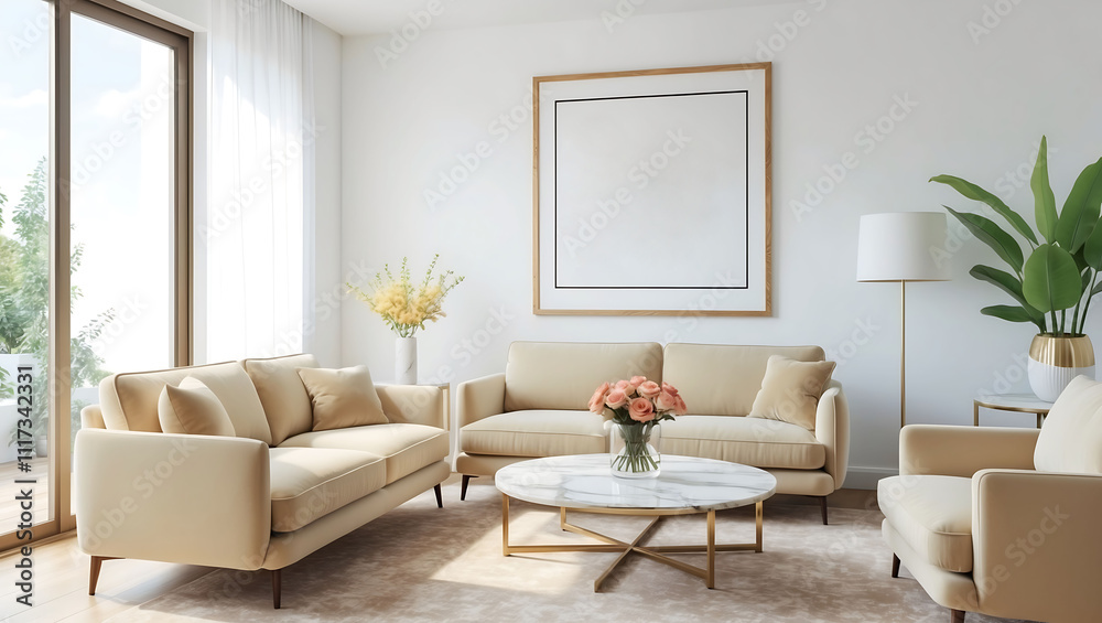 Fototapeta premium Stylish living room interior with sofa, coffee table and wooden wall frame